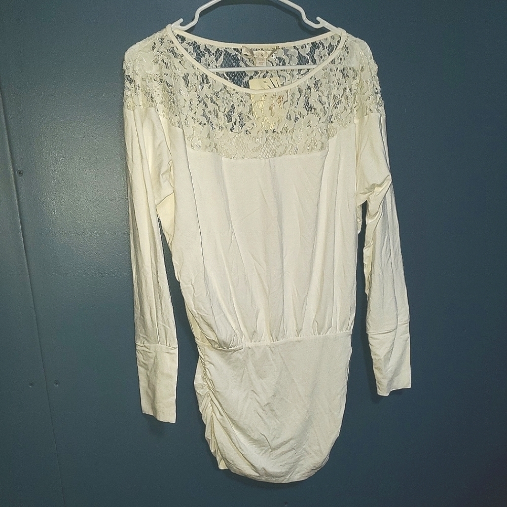 NWT BOSTON PROPER Lace Blouson Top Off-white long sleeve NEW XS